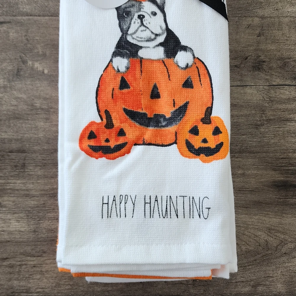 Frenchie Happy Haunting Kitchen Towel Set Of 3 - Rae Dunn By Magenta NWT